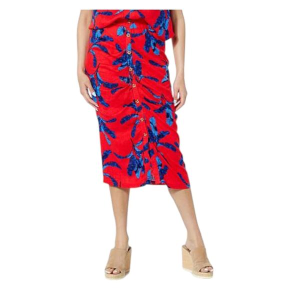New Colleen‎ Lopez Skirt Womens Sz 2X Red Blue Pleated Front Button Midi Linen - Picture 1 of 12